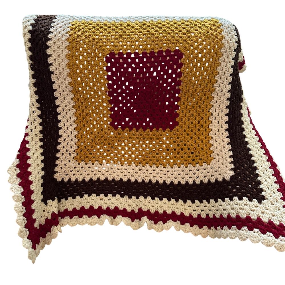 Vintage Handmade Crochet Blanket Aggie Colors Maroon Gold Brown 63x63